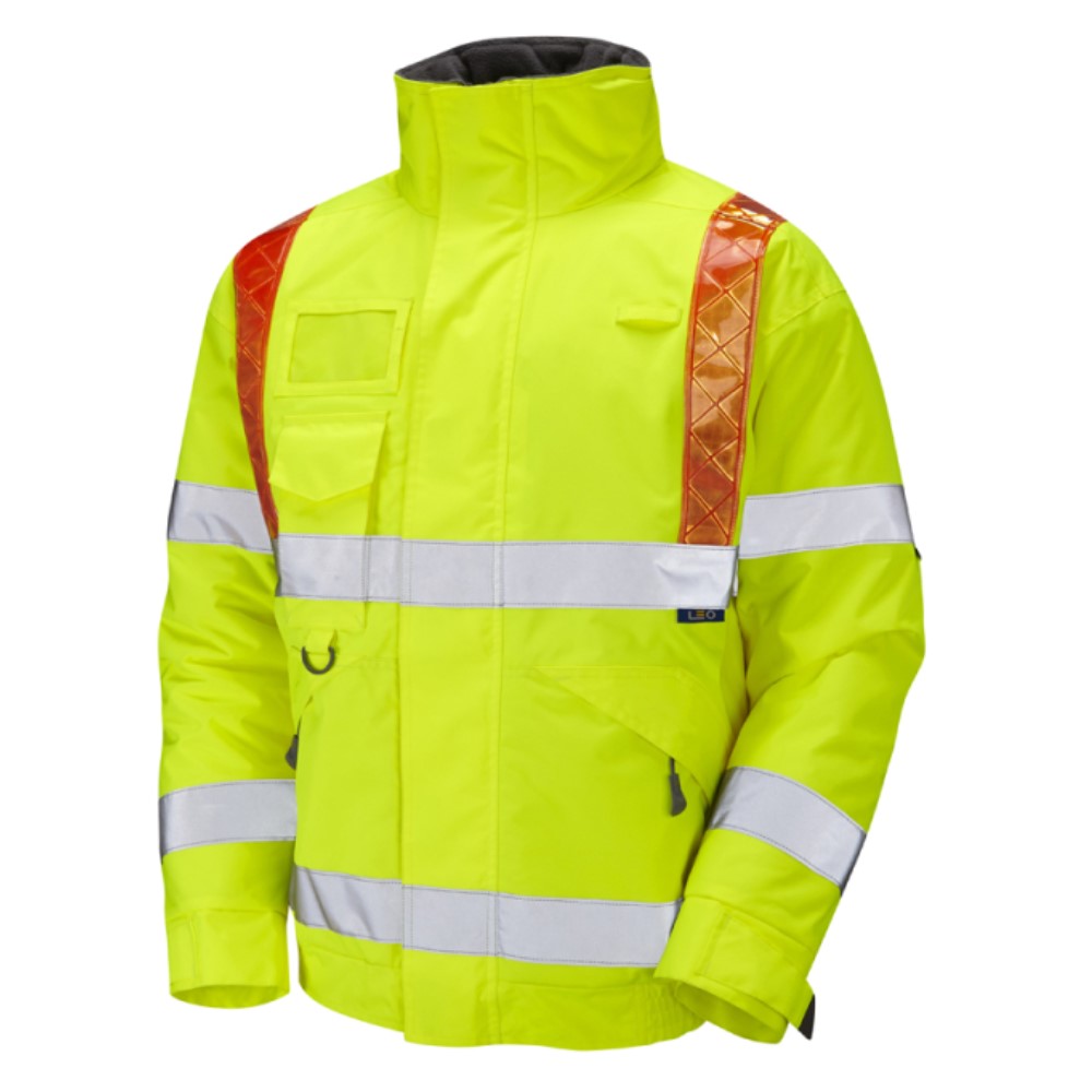 Portmore Hi Vis Yellow Waterproof Bomber Jacket with Orange Braces