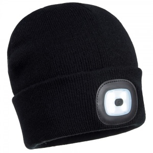 B028 Rechageable Twin (Front & Rear) LED Black Beanie Hat