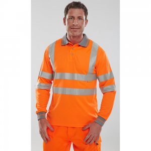 High Visibility Orange Long Sleeve Polo Shirt with Grey Collar. EN ISO20471 Class 3 & RIS-3279-TOM - Railway use