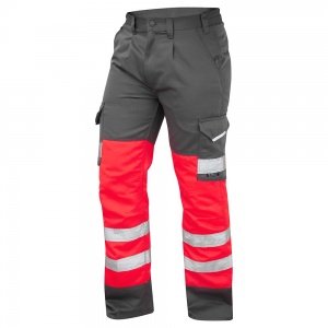 High Visibility Leo Bideford Red & Grey Superior Cargo Trousers ENISO 20471