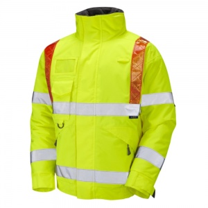 Portmore Hi Vis Yellow Waterproof Bomber Jacket with Orange Braces