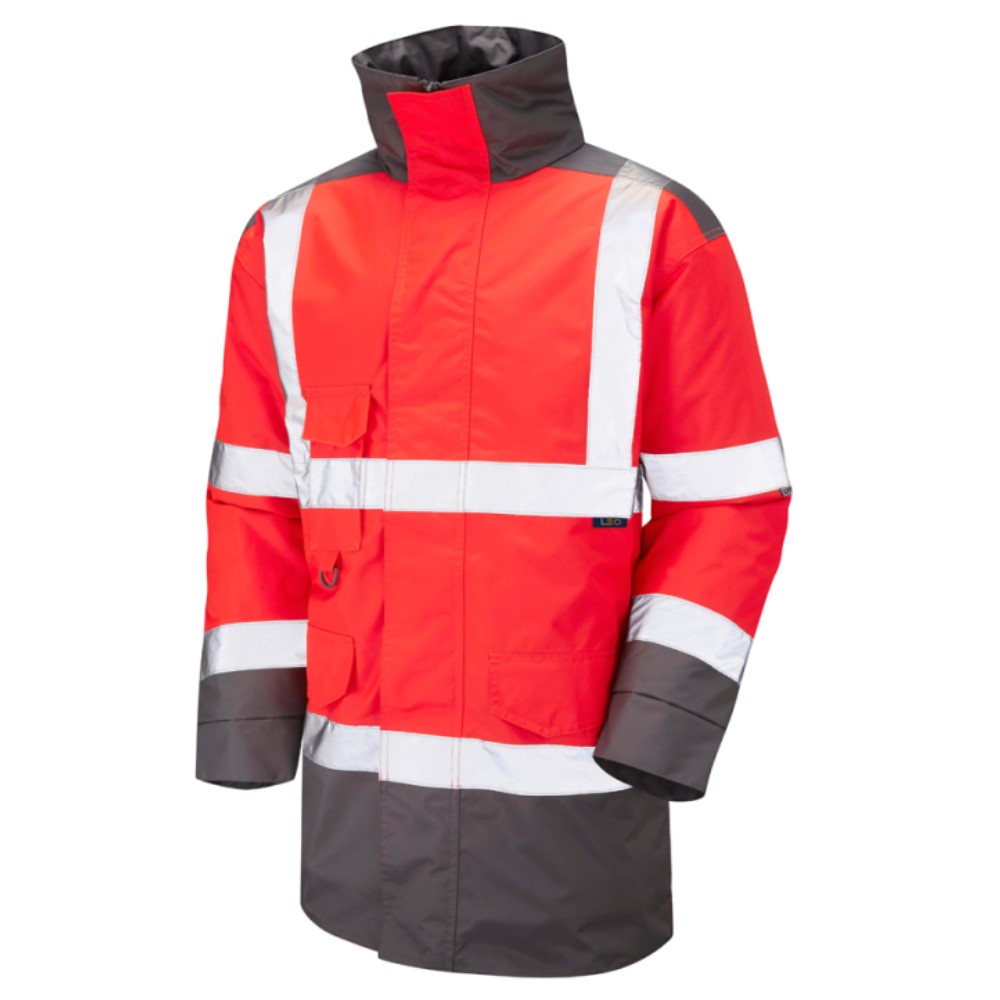 High Visibility Red & Grey Leo Tawstock Superior Waterproof Jacket - ENISO 20471