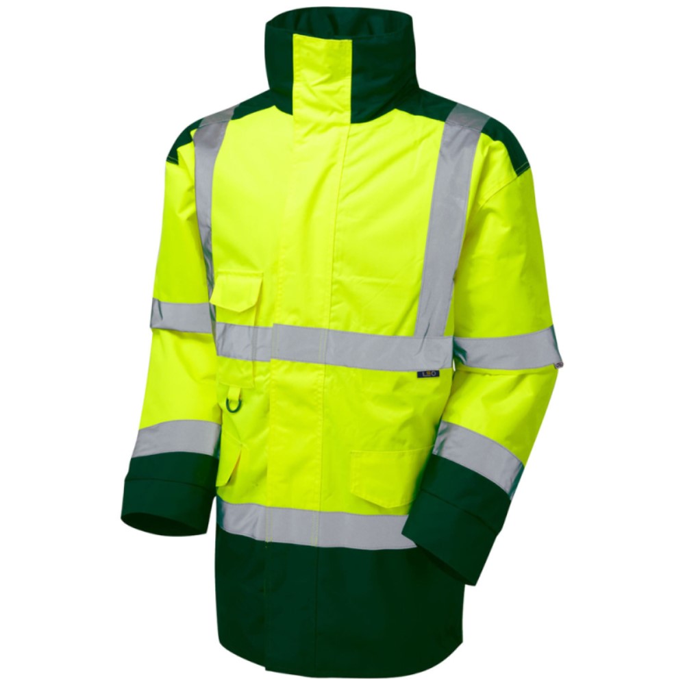 High Visibility Yellow & Bottle Green Leo Tawstock Superior Waterproof Jacket - ENISO 20471