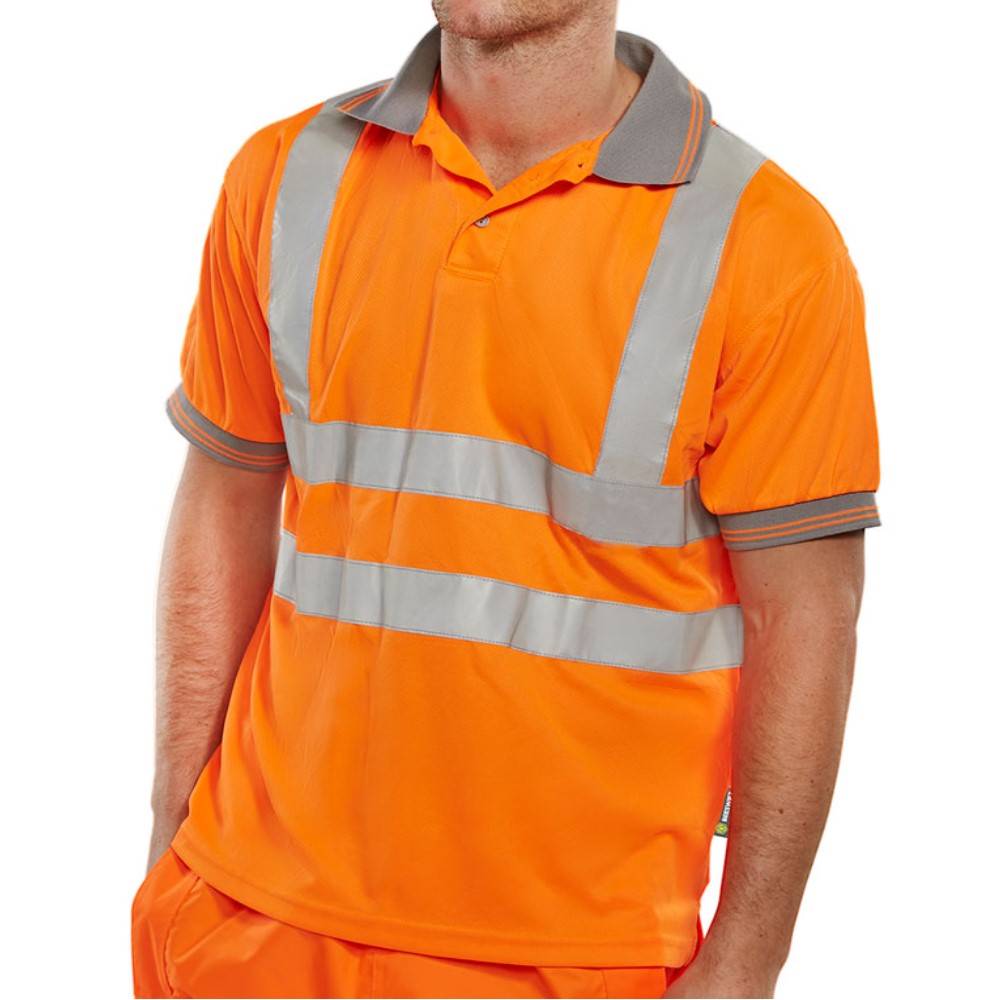 High Visibility Orange Polo Shirt with Grey Collar Short Sleeve. EN ISO20471 Class 2 & RIS-3279-TOM - Railway use