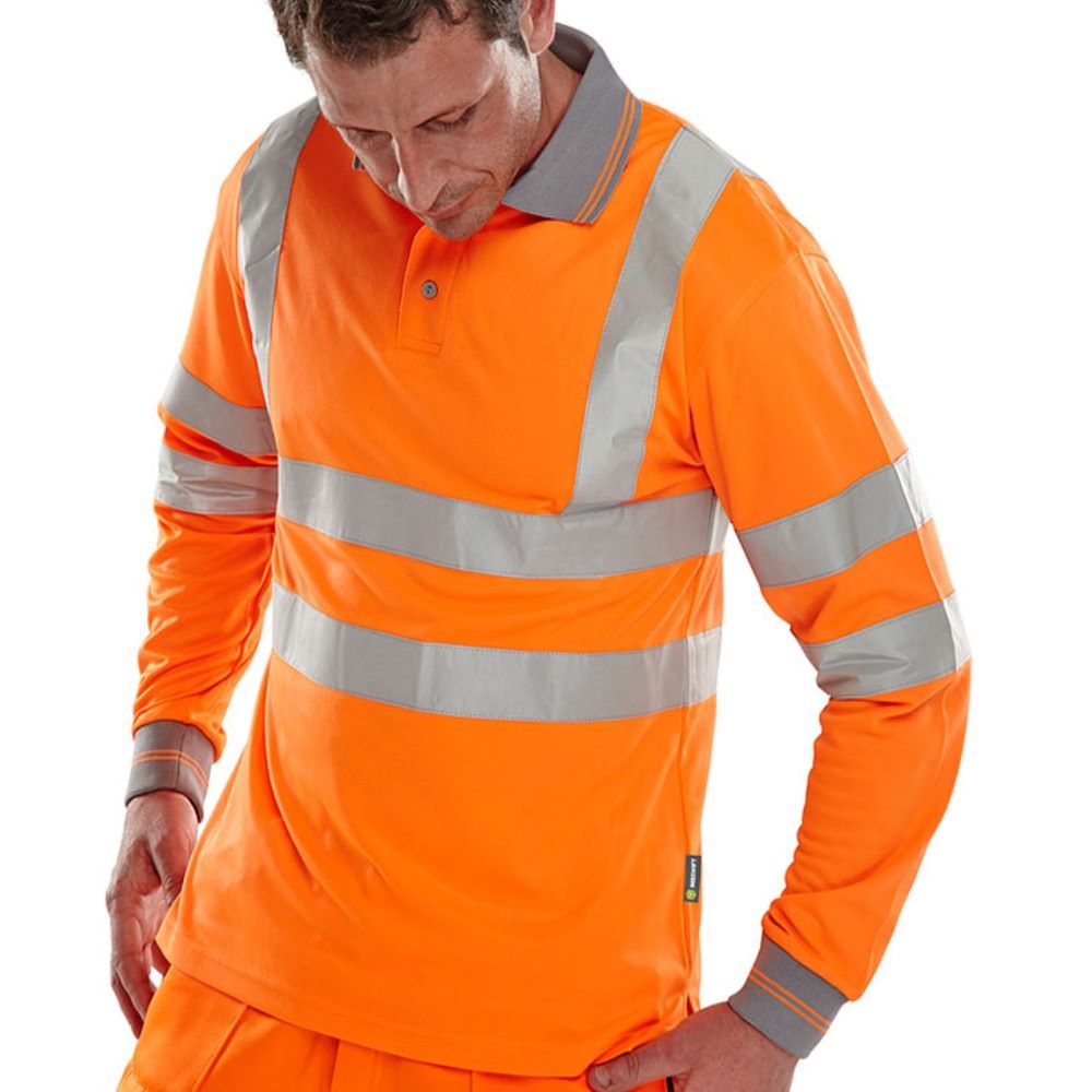 High Visibility Orange Long Sleeve Polo Shirt with Grey Collar. EN ISO20471 Class 3 & RIS-3279-TOM - Railway use