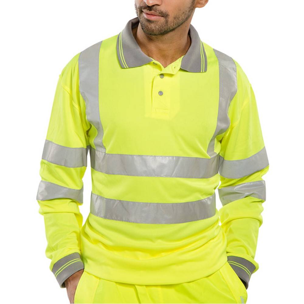 High Visibility Long Sleeve Yellow Polo Shirt with Grey Collar