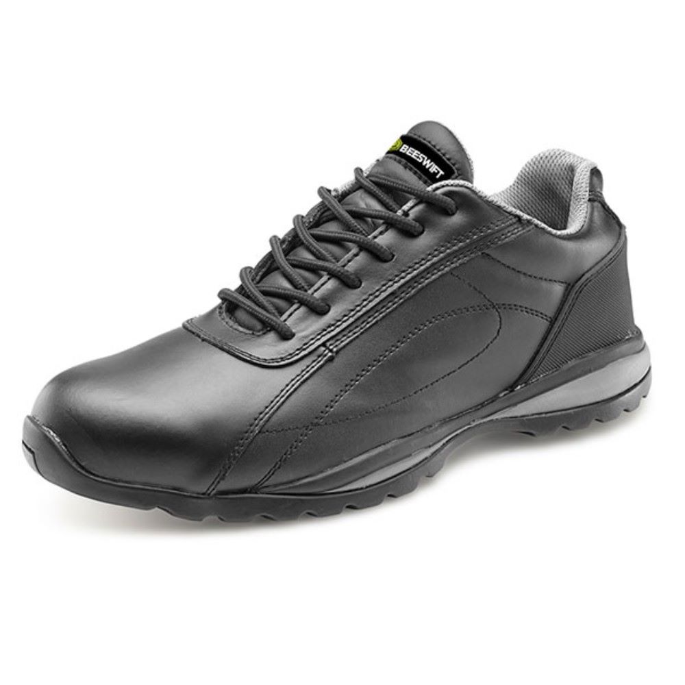 Safety Trainer Shoe - Black Leather With Steel Toe Cap And Mid Sole