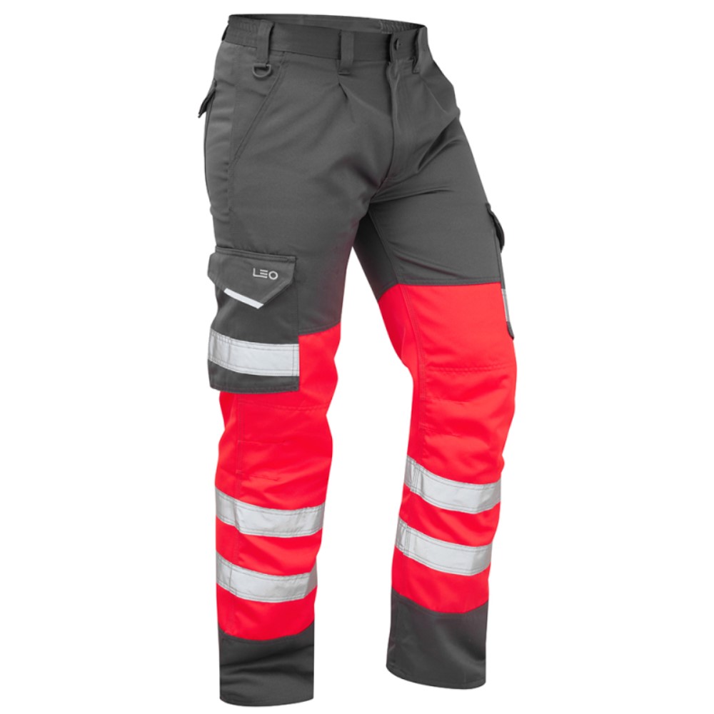 High Visibility Leo Bideford Red & Grey Superior Cargo Trousers ENISO 20471