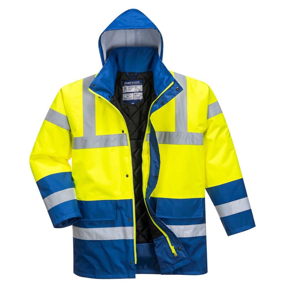 Portwest High Visibility Two Tone Yellow & Royal Blue Contrast Waterproof Traffic Jacket ENISO20471 Class 3