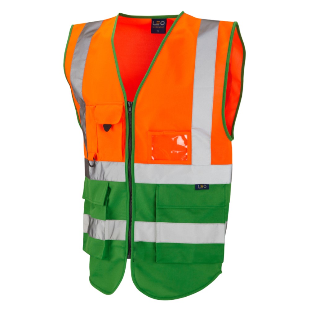 Leo Lynton W11 Superior Two-Tone Orange And Green High Visibility Vest. To ENISO20471 Class 1