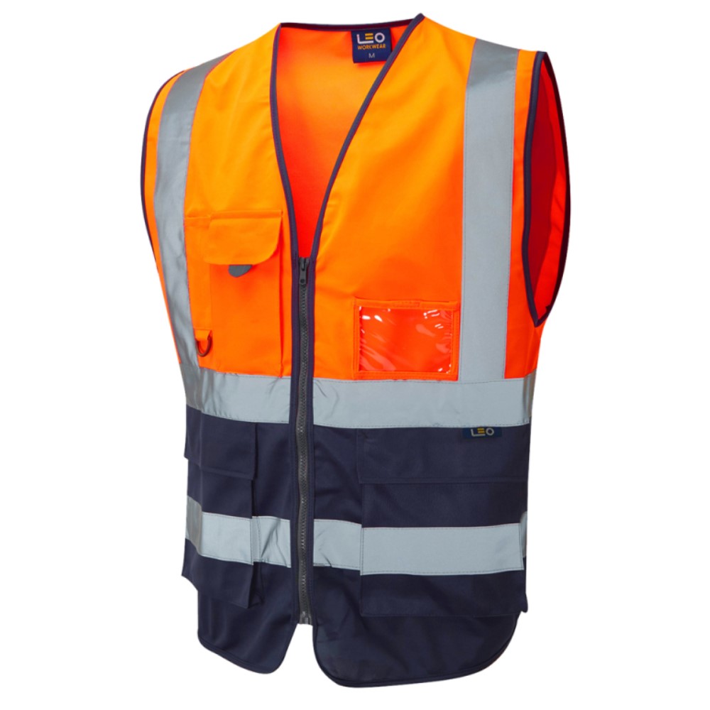 Leo Lynton W11 Superior Two-Tone Orange And Navy Blue High Visibility Vest. To ENISO20471 Class 1
