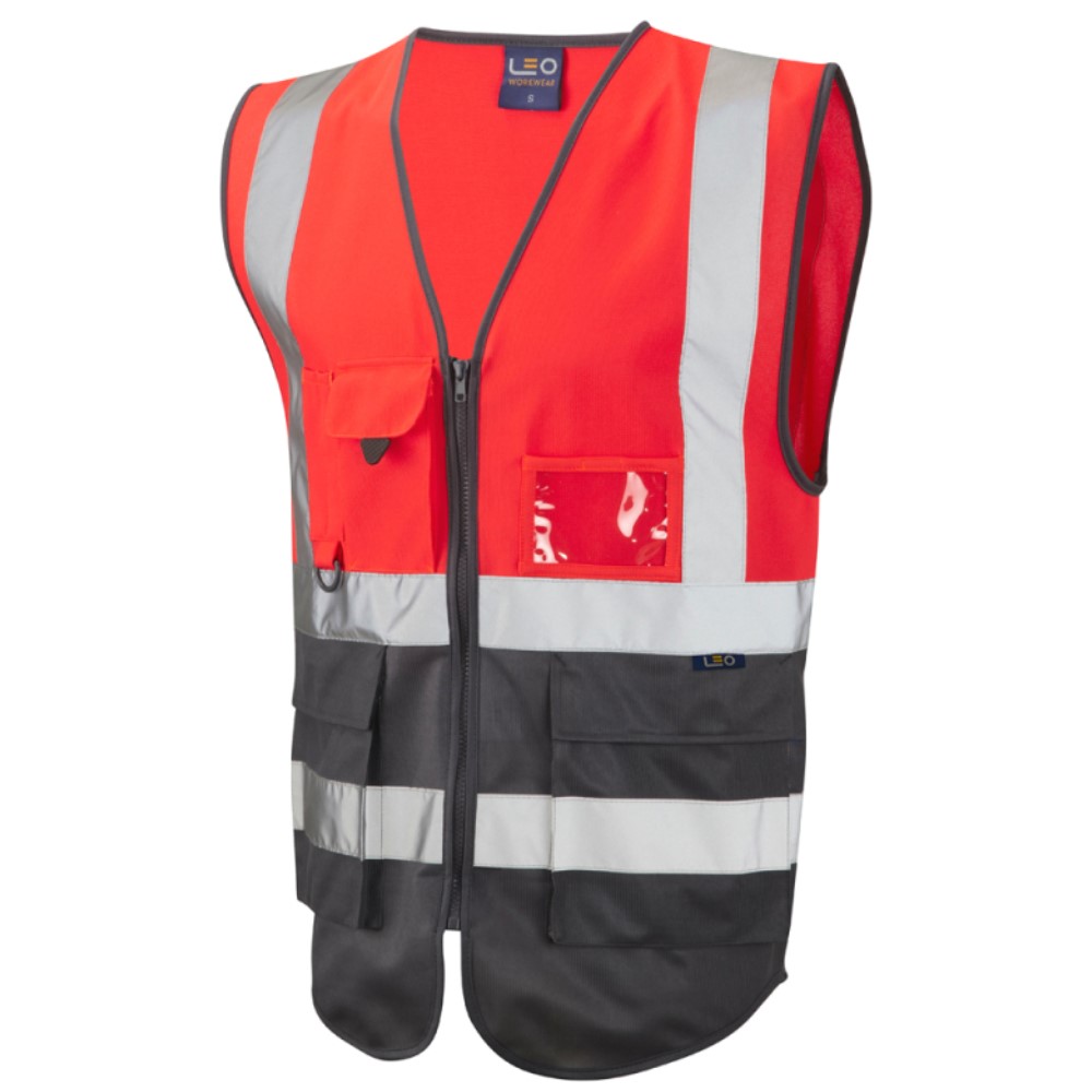 Leo Lynton W11 Superior Two-Tone Red And Charcoal Grey High Visibility Vest. To ENISO20471 Class 1