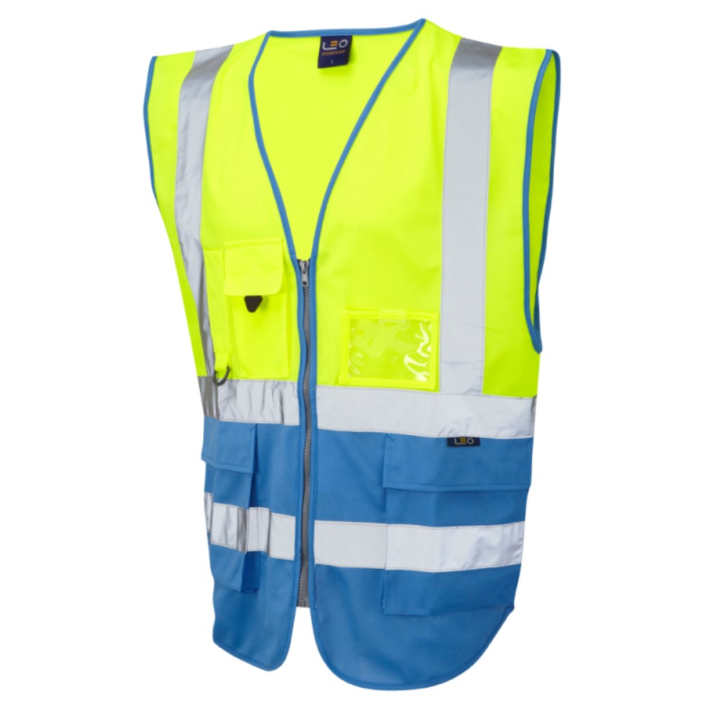 Leo Lynton W11 Superior Two-Tone Yellow And Deep Sky Blue High Visibility Vest. To ENISO20471 Class 1