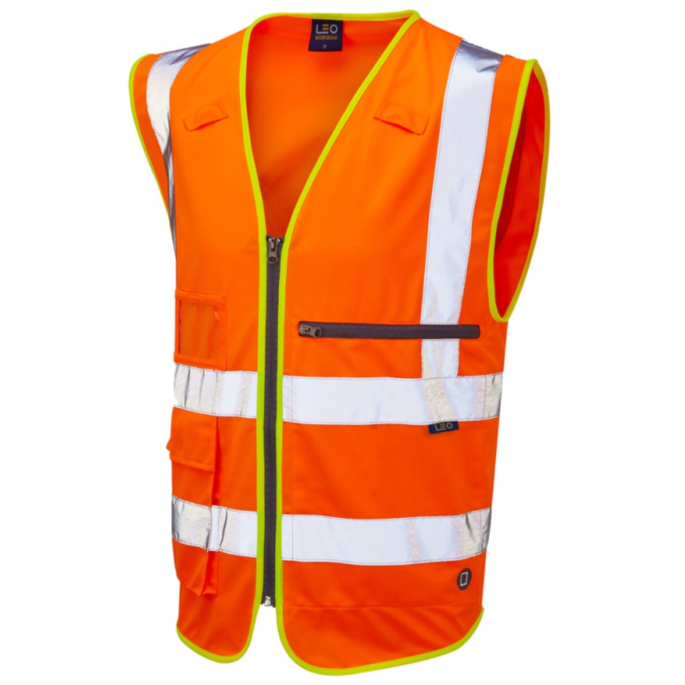 Leo Foreland W24 High Visibility Superior Orange Tablet Pocket Waistcoat. Conforms To ENISO20471 Class 2